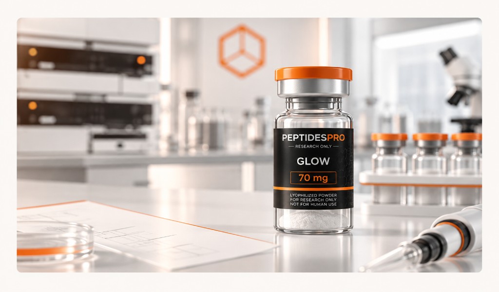 GLOW 70 mg labfoto: research-grade peptidevial in laboratoriumsetting