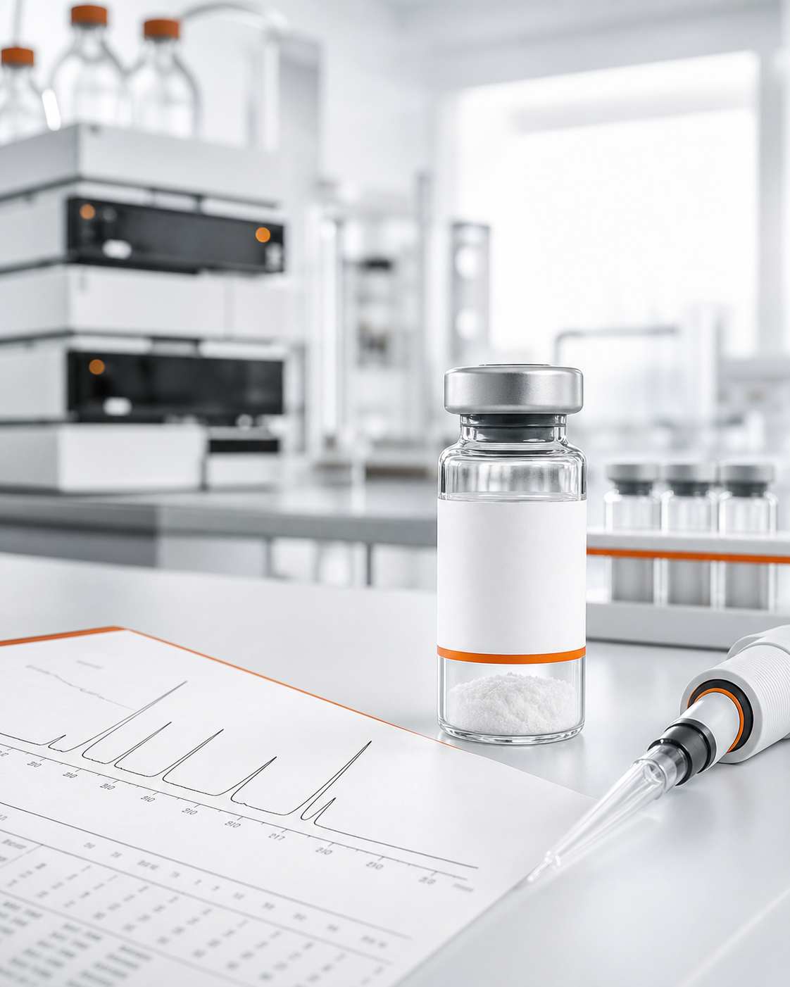 Laboratoriumopstelling met een peptidevial en analyseapparatuur