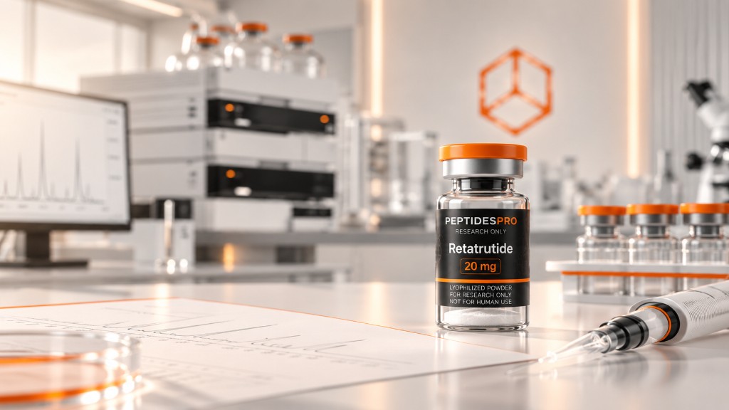 Retatrutide 20 mg in laboratoriumsetting met HPLC, spuit en petrischaal